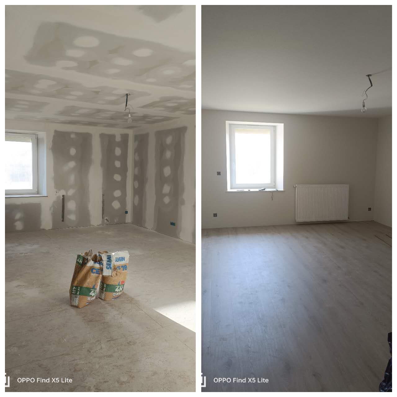 Avant/apr&egrave;s r&eacute;novation d'une pi&egrave;ce : plaques et enduit puis peinture et sol pos&eacute;s, Bleu Peinture M&eacute;tabief