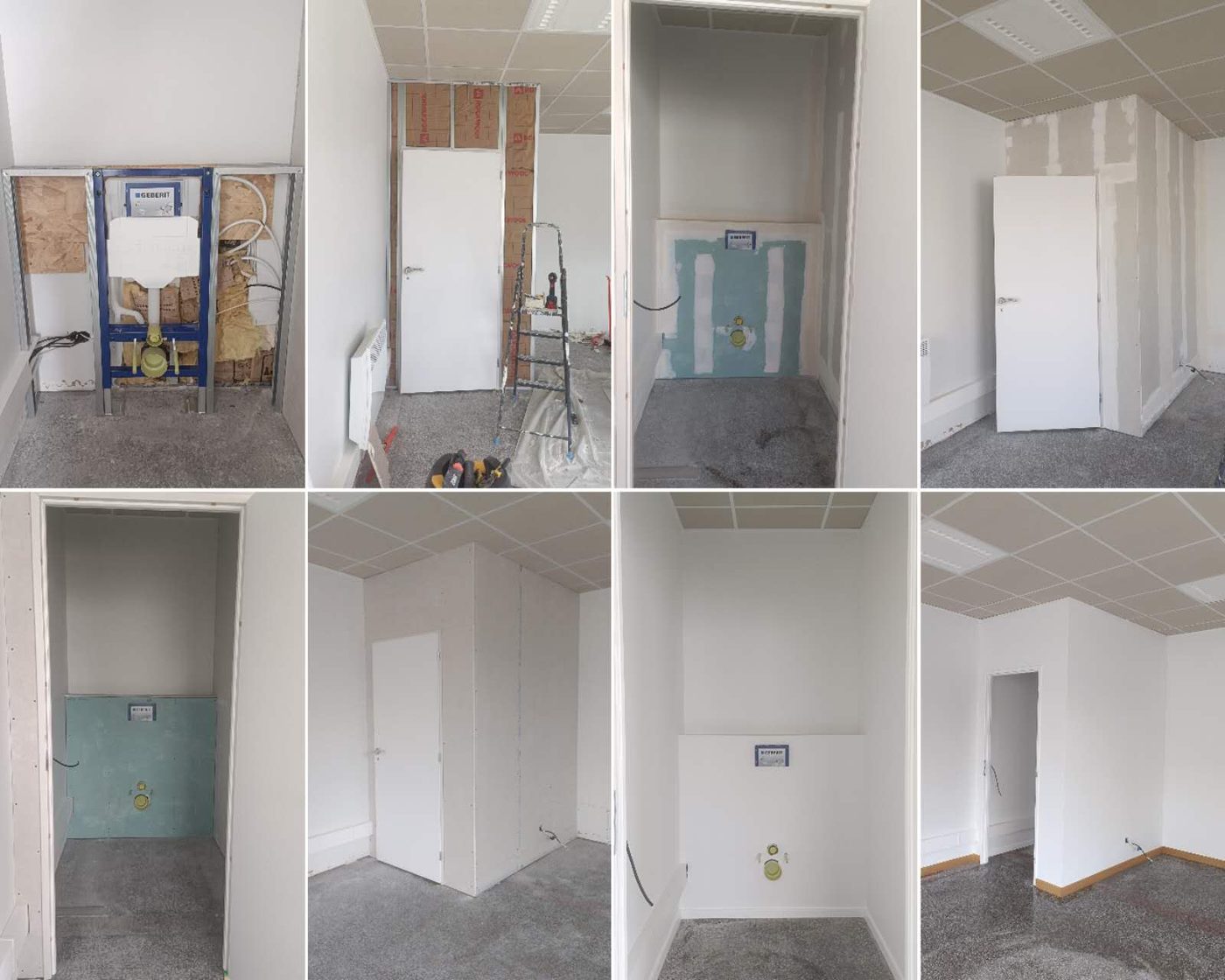 Suivi de chantier : cloisons, portes et sanitaires avant finition peinture, Bleu Peinture